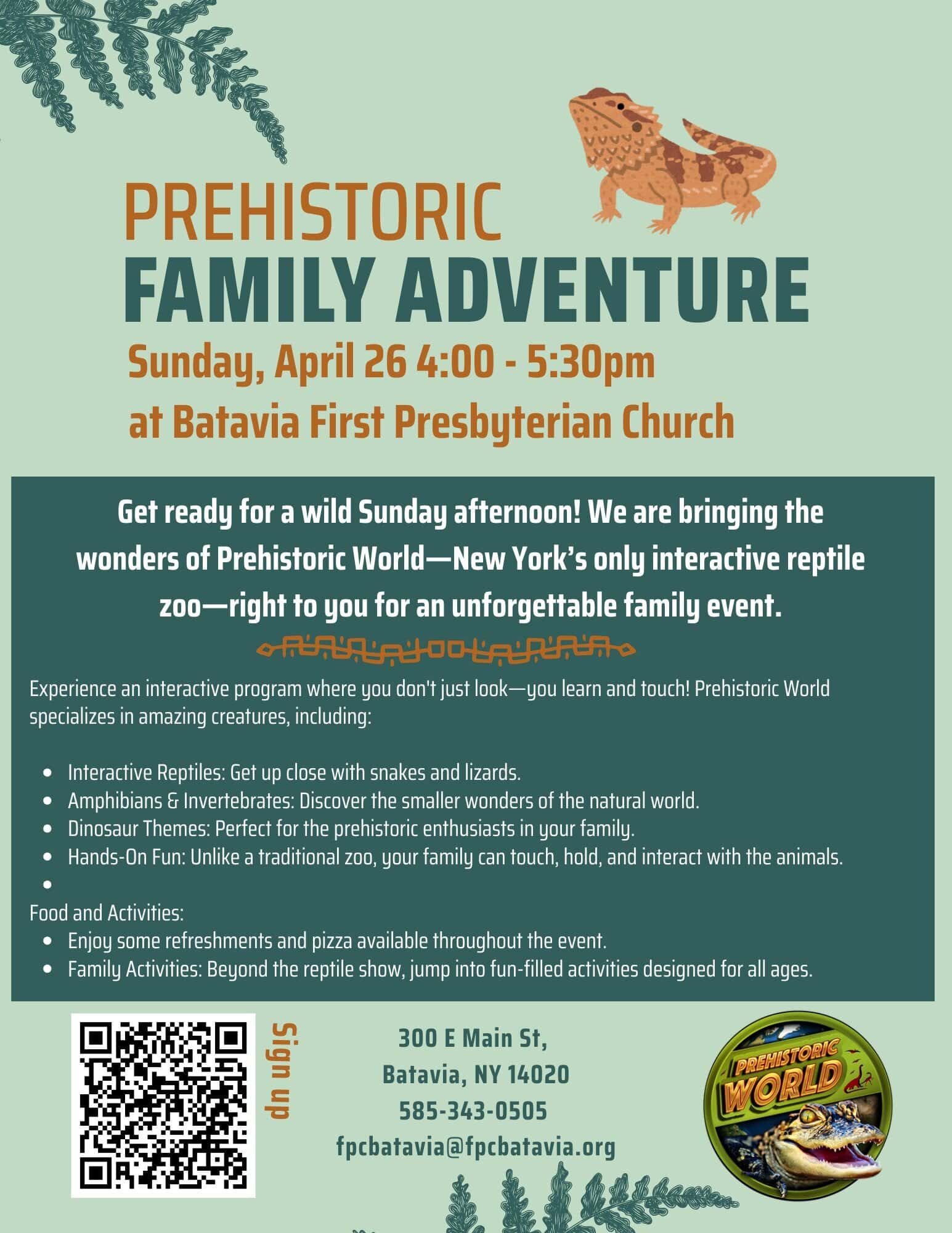 Prehistoric World reptile show at Batavia First Presbyterian Church