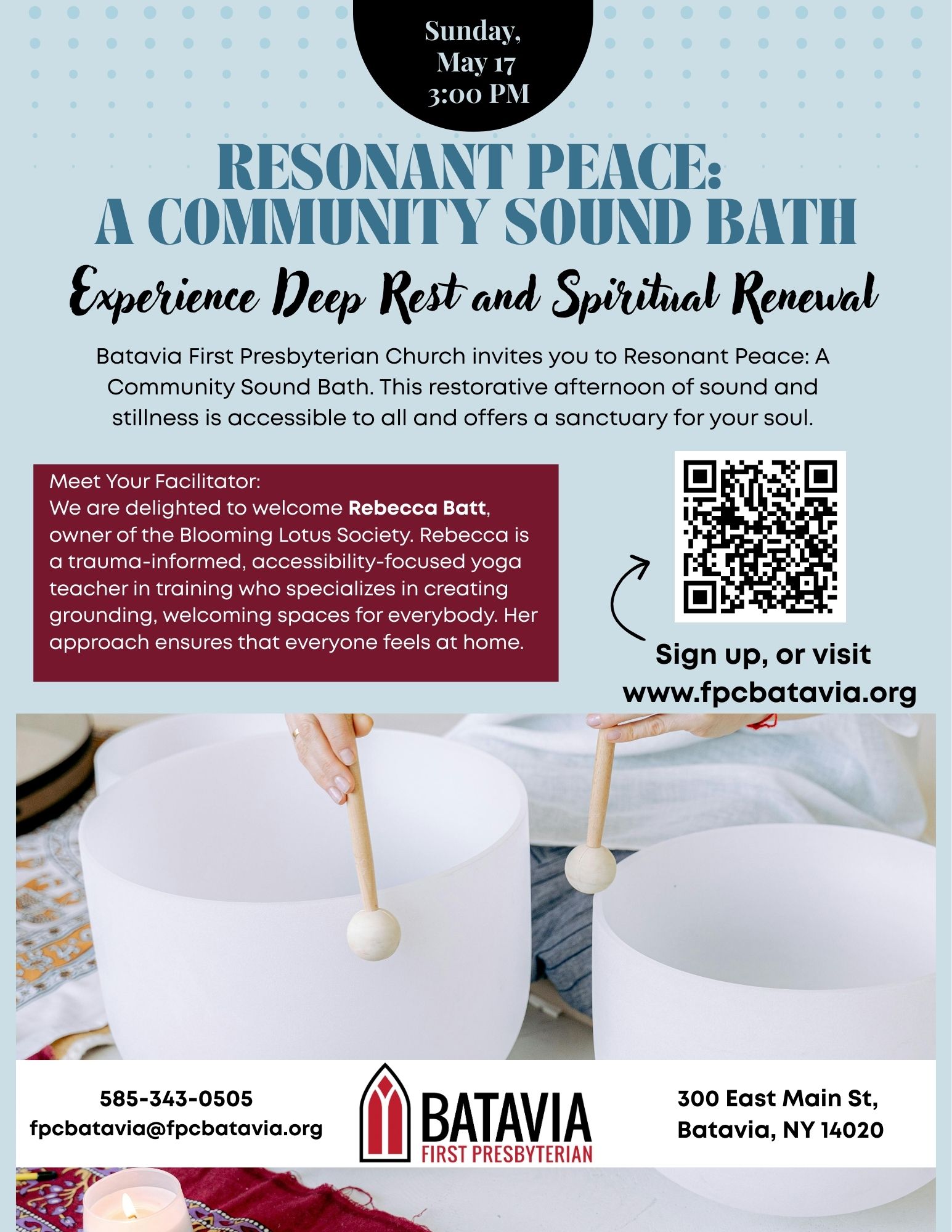 Flyer for Resonant Peace: A Community Sound Bath event at Batavia First Presbyterian Church